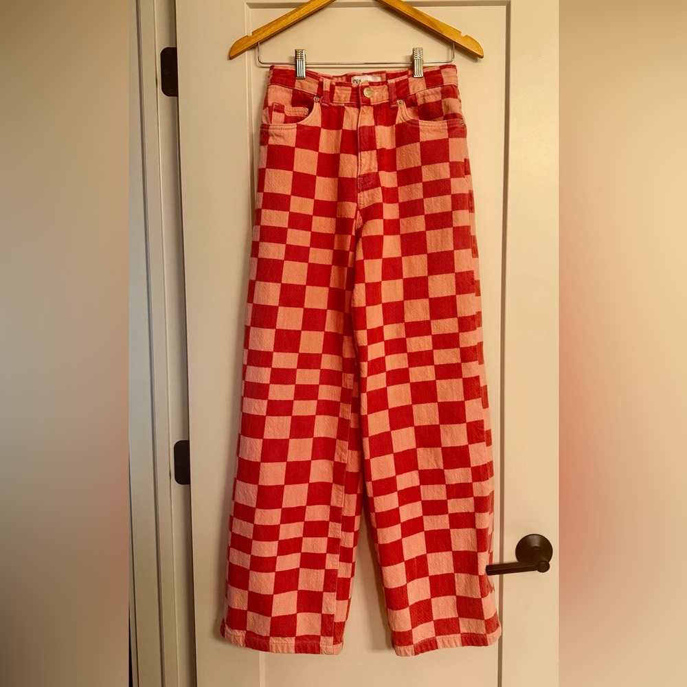 Zara Red & Pink Checkerboard Wide Leg Jeans – Size 4